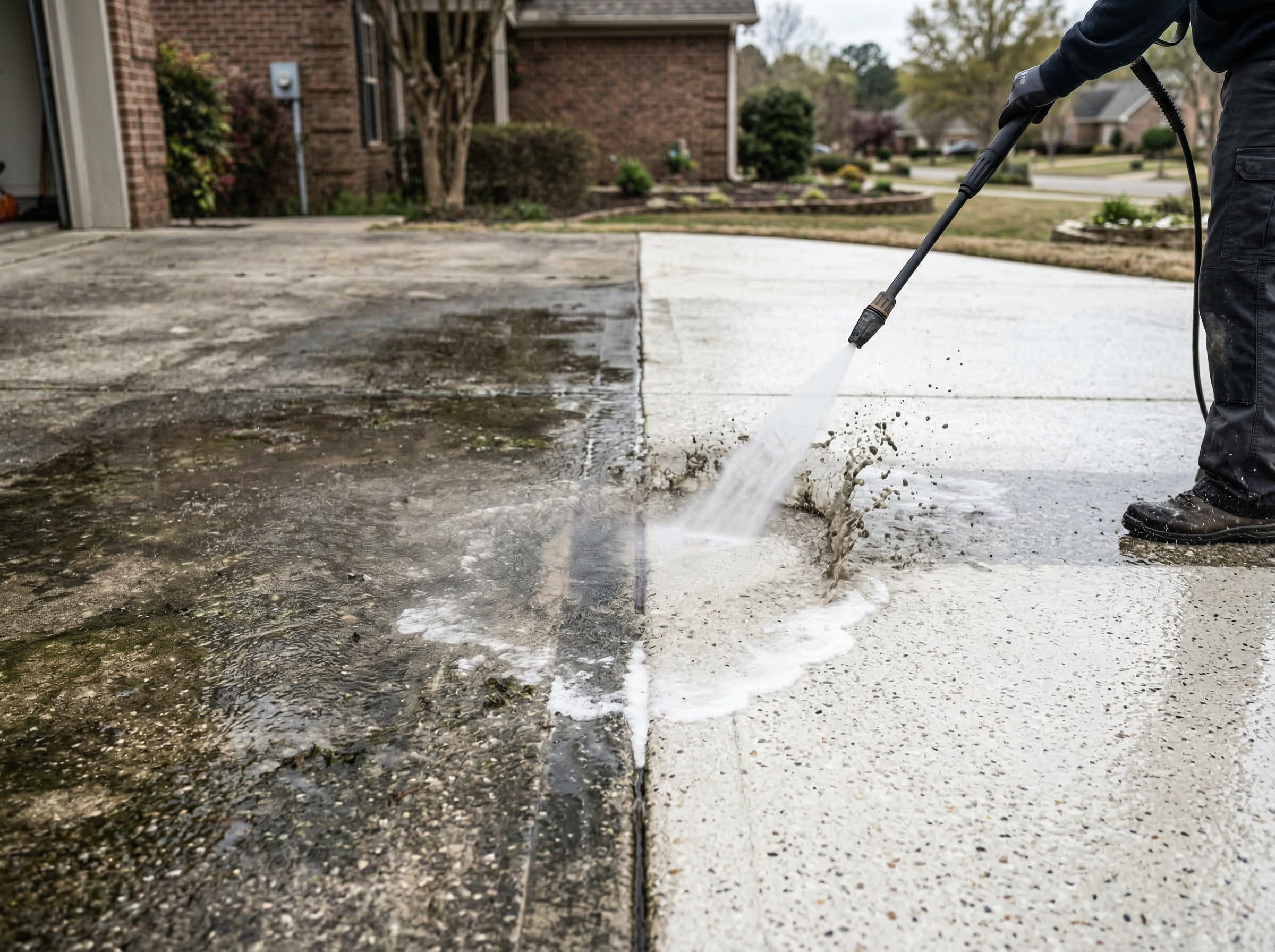 Dramatic before and after driveway pressure cleaning